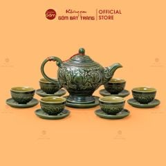 Bộ Ấm Chén Khắc Nổi Hoa Sen Nền Xanh Ngọc