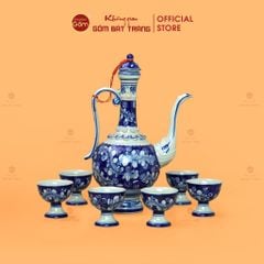 Bộ Bình Rượu Men Lam Vẽ Tay Hoa Lá Dây