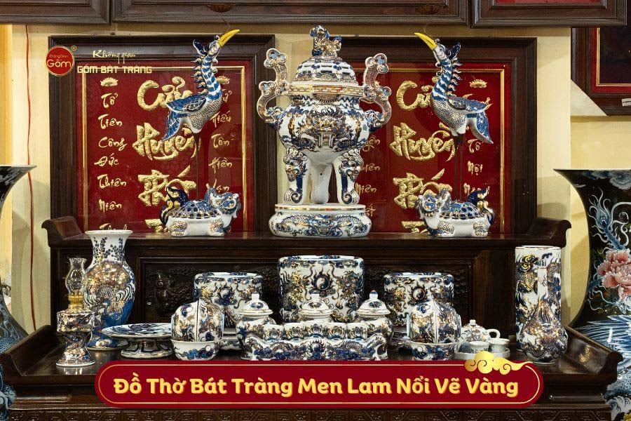 Đồ thờ Bát Tràng men lam vẽ vàng
